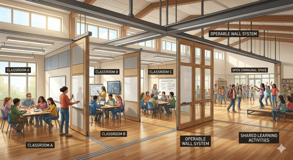 Ilustrasi desain sekat ruang kelas modern menggunakan sistem dinding geser fleksibel (operable wall system) untuk membagi area belajar menjadi beberapa kelas kecil dan ruang komunal.