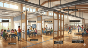 Ilustrasi desain sekat ruang kelas modern menggunakan sistem dinding geser fleksibel (operable wall system) untuk membagi area belajar menjadi beberapa kelas kecil dan ruang komunal.