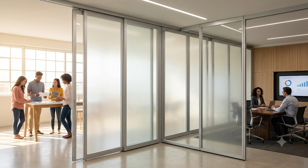 Ruang kantor modern dipisahkan movable wall partition dan aluminium brushed